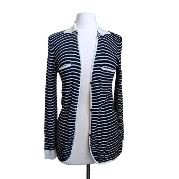 Armani‎ Collezioni Cardigan Sweater Women 6 Long Open Collar Striped Navy Blue - Picture 1 of 16